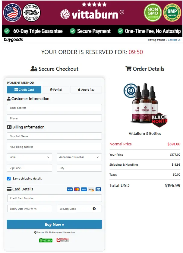 VittaBurn order page